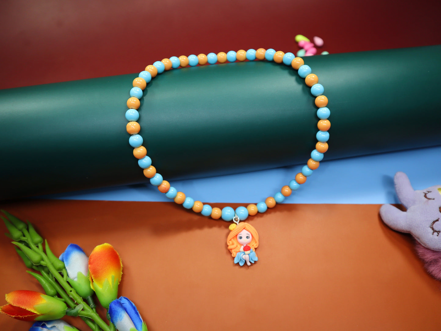 Kamule Blue & Orange Beaded Doll Necklace