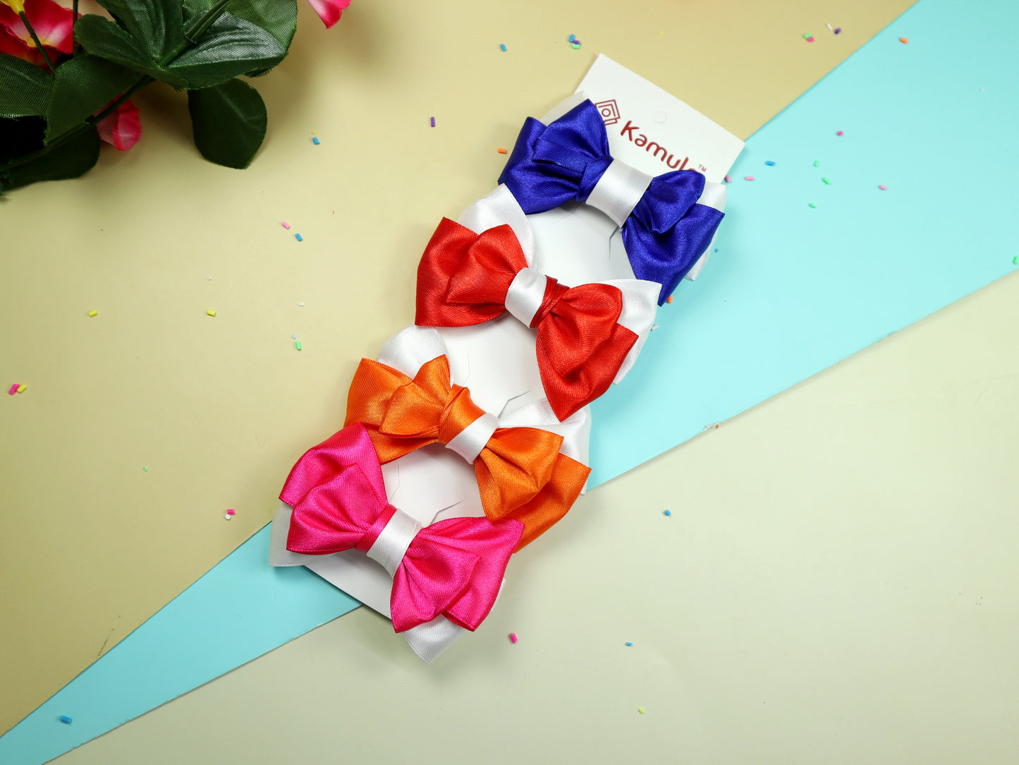 Kamule Multi Layered Satin Detailed Bows -Set of 4- Blue, Red , Orange , Dark Pink