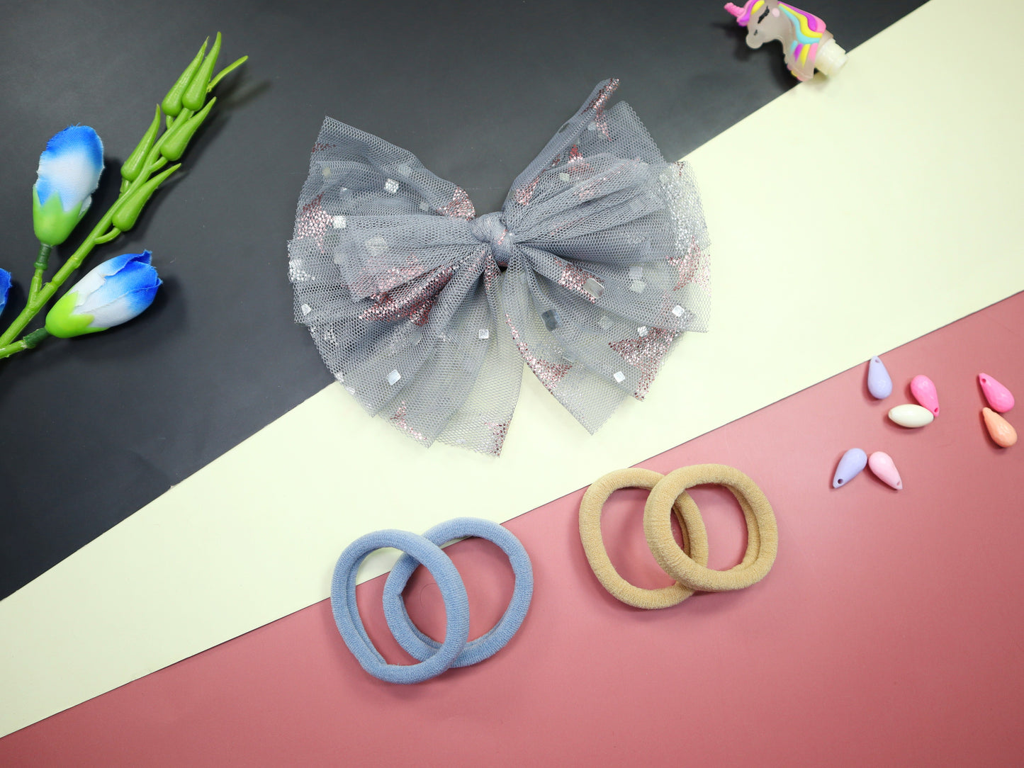 Kamule Party Theme Bow Hair & clip with Rubber Band Set of 5 - Grey-Brown