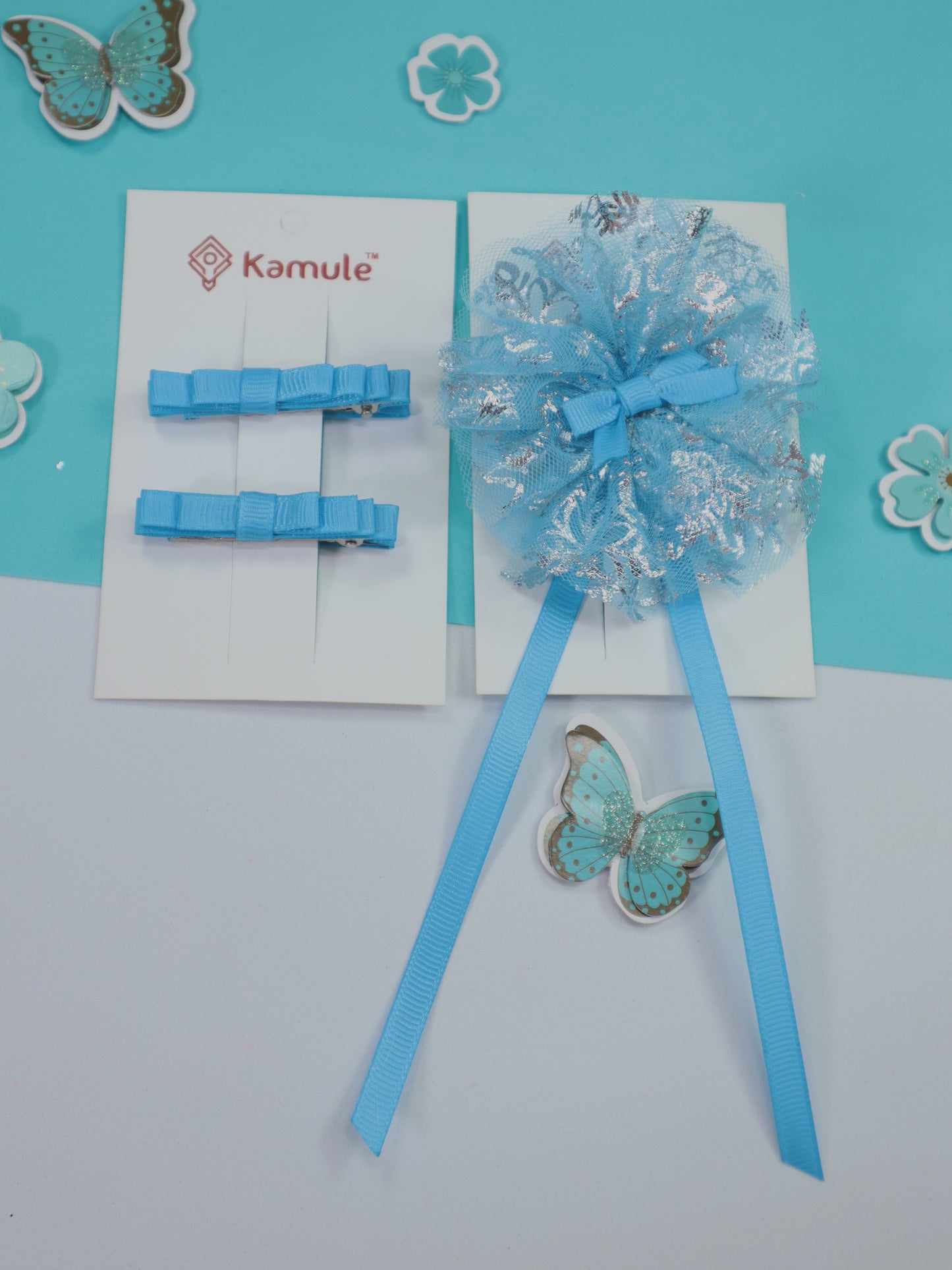 Kamule Netted Silver touch Layered Set of Clips-Sky Blue