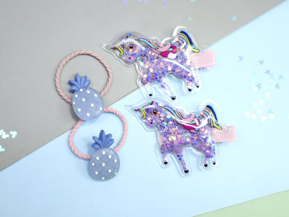 Kamule Unicorn and Pineapple Detailed Clip and Rubber Band Set of 4- Purple