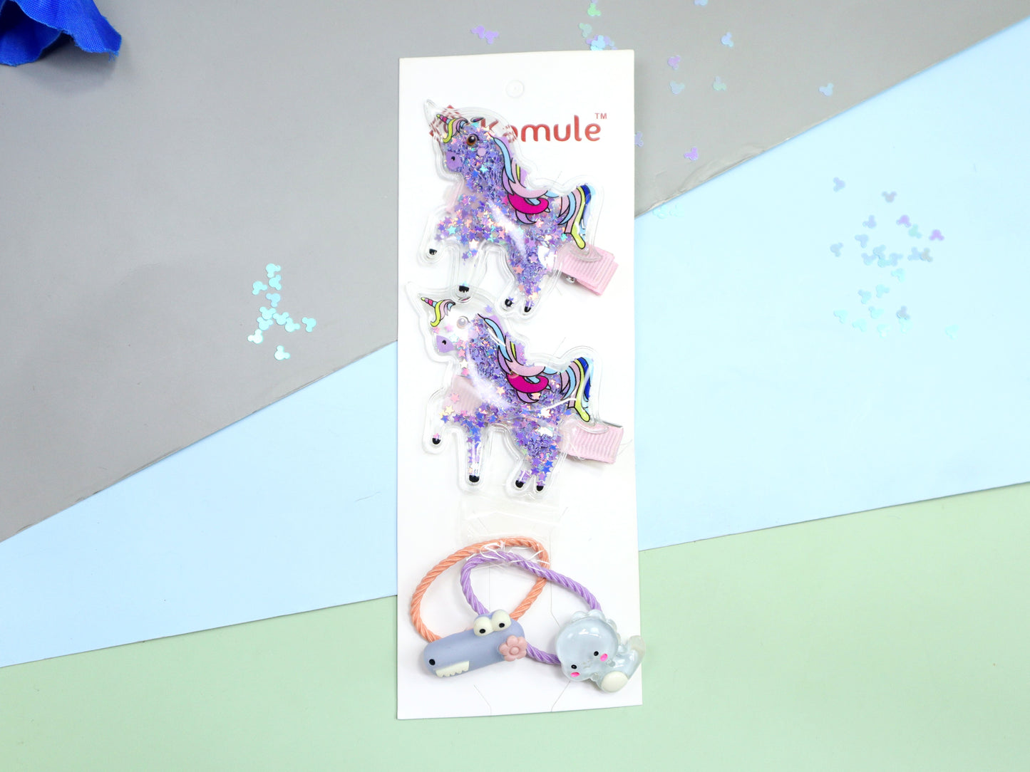 Kamule Unicorn and Character Detailed Clip and Rubber Band Set of 4- Purple