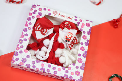 Kamule Christmas Theme Detailed Santa Charm Layered Detailed Bow Clip  - White and Red