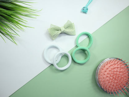 Kamule Bow Hair Clip & Rubber Band set of 5 - Green & White