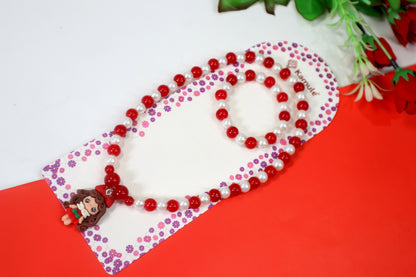 Kamule Christmas Theme Detailed Christmas Princess Necklace and Bracelet Set Pack of 2- Red and White