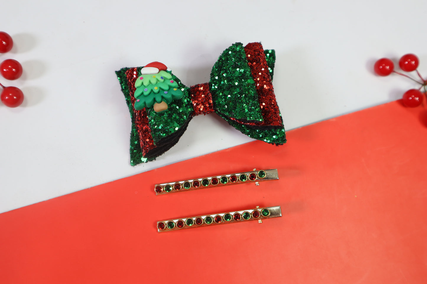 Kamule Christmas Theme Detailed Glittery Christmas tree Charm Detailed Bow with Designer pins Pack of 3-Green and Red