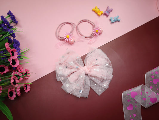 Kamule Party Theme bow Hair Clip & Rubber Band set of 3 -Peach Pink