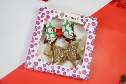 Kamule Christmas Theme Glittery Santa Print Detailed Bow Clips set of 2-Golden, white, Red