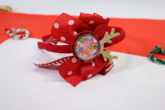 Kamule Christmas Theme Reindeer Sequin Bow Polka dots Hairband - Red