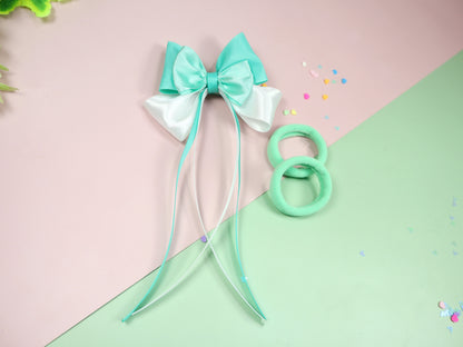 Kamule Satin Layered Detailed Bow and Rubber Bands set of 3- Aqua Green