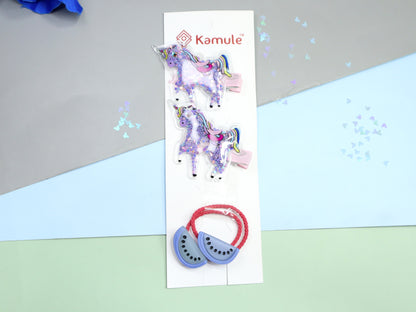 Kamule Unicorn and Watermelon Detailed Clip and Rubber Band Set of 4- Purple