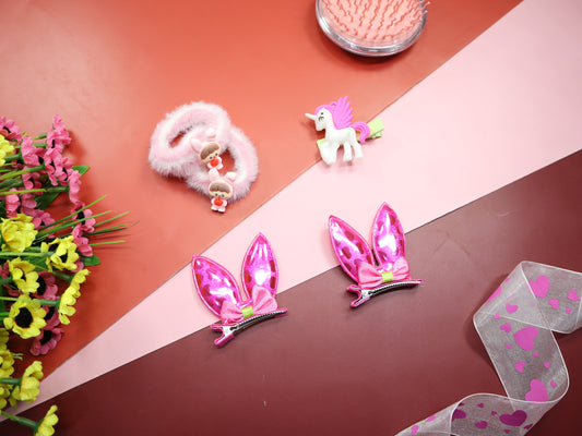 Kamule Party Theme Bunny Hair & clip with Rubber Band set of 5 - Dark-Pink