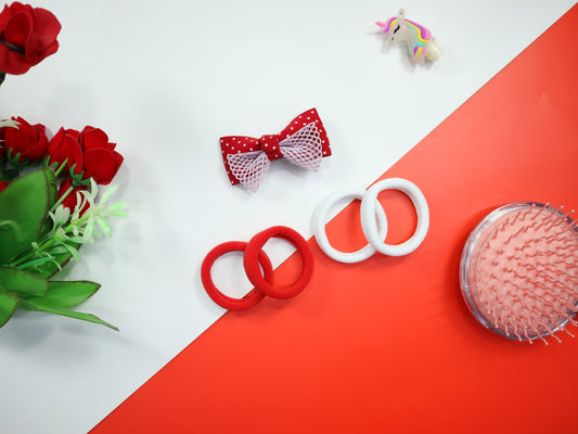 Kamule New Year Theme Bow Hair & Clip with Rubber Band Set of 5 - Red & white