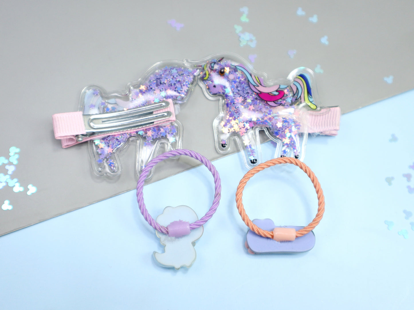 Kamule Unicorn and Character Detailed Clip and Rubber Band Set of 4- Purple