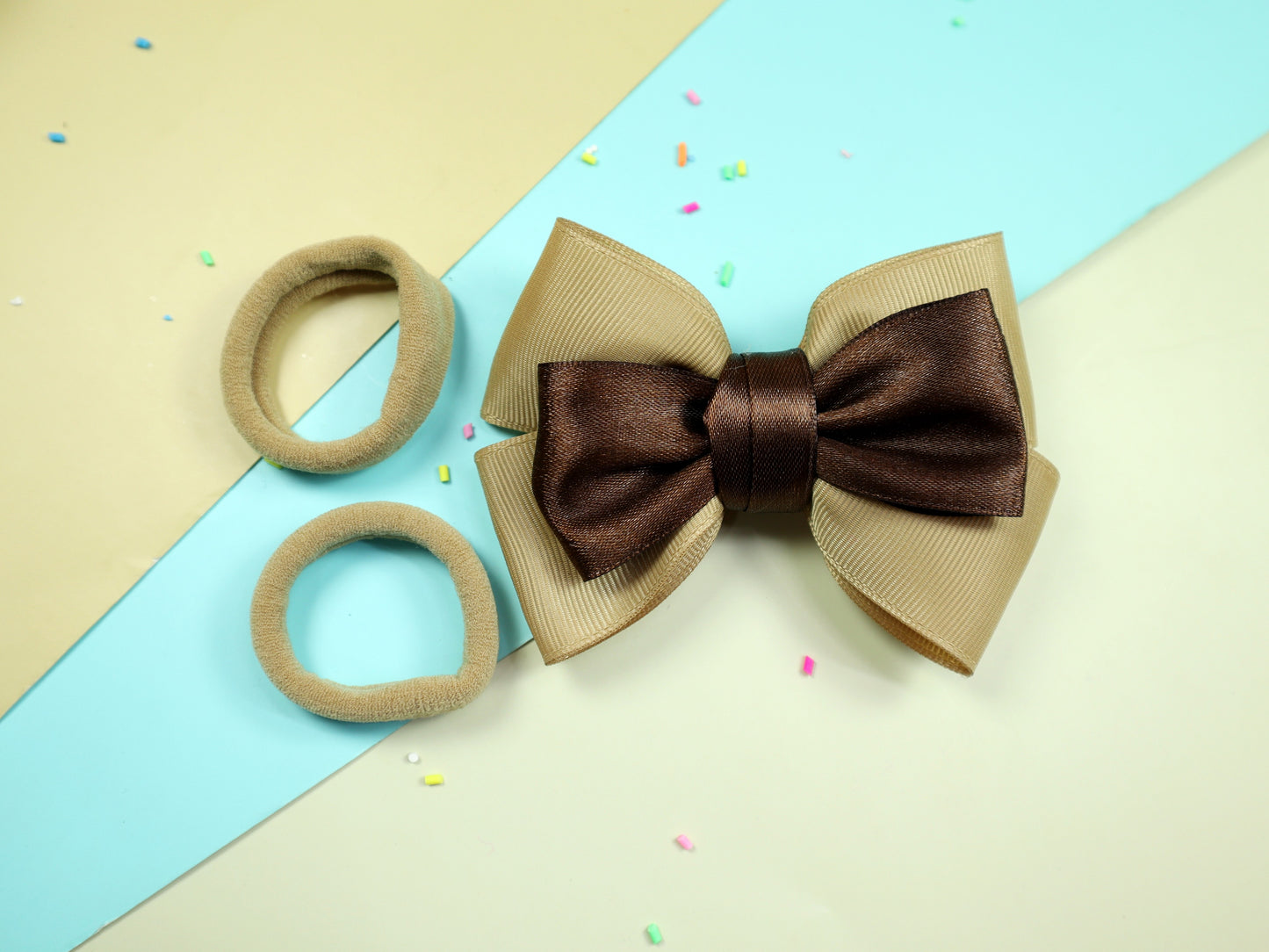 Kamule Double Layered Grosgrain Detailed bow -set of 3- Cholate Brown and Cream