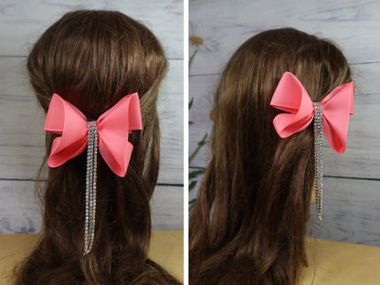 Stone Strings Embellished Detailed Bow Clip - Rose pink