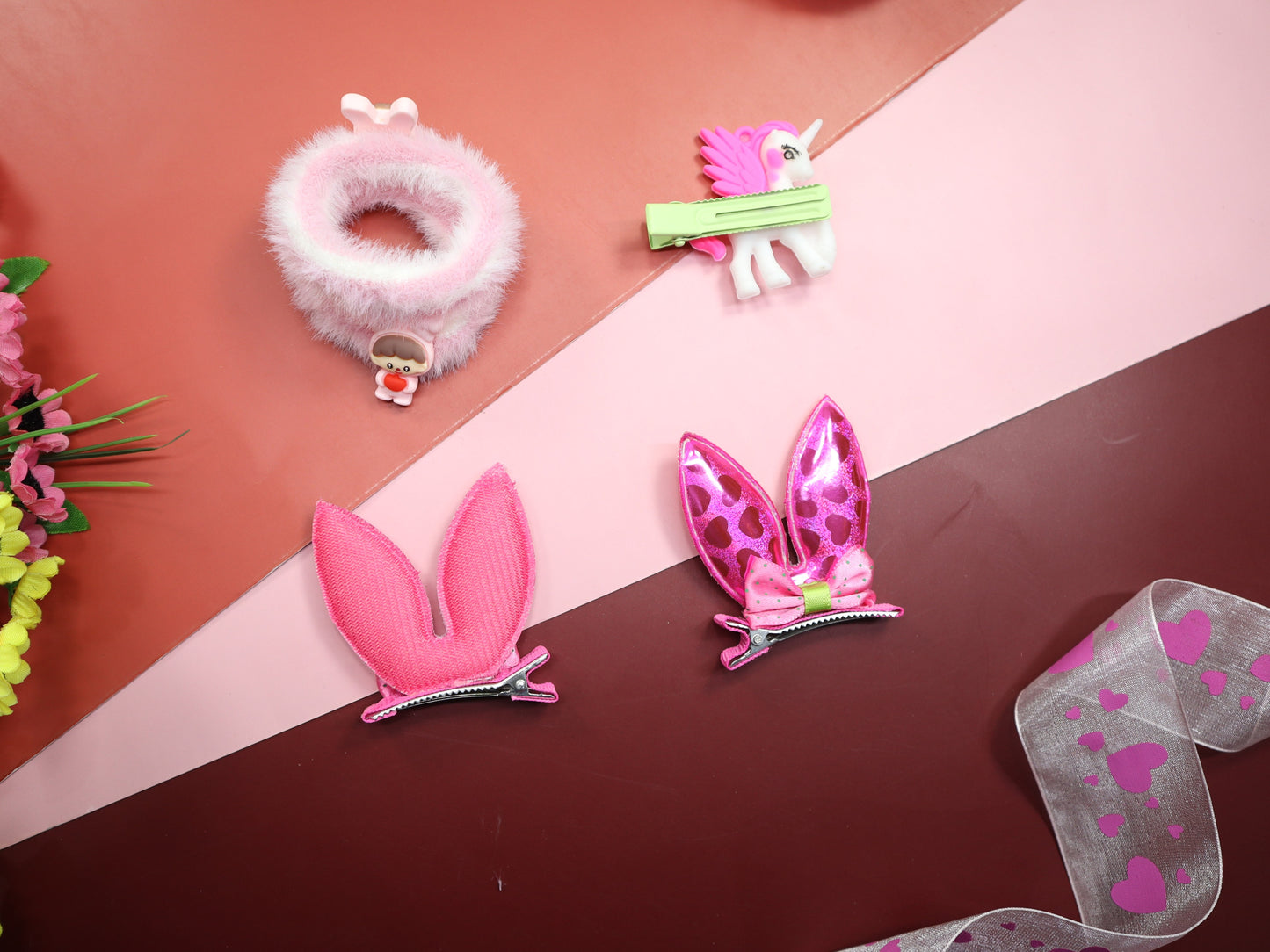 Kamule Party Theme Bunny Hair & clip with Rubber Band set of 5 - Dark-Pink