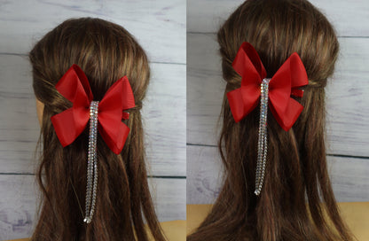 Stone Strings Embellished Detailed Bow Clip - Red