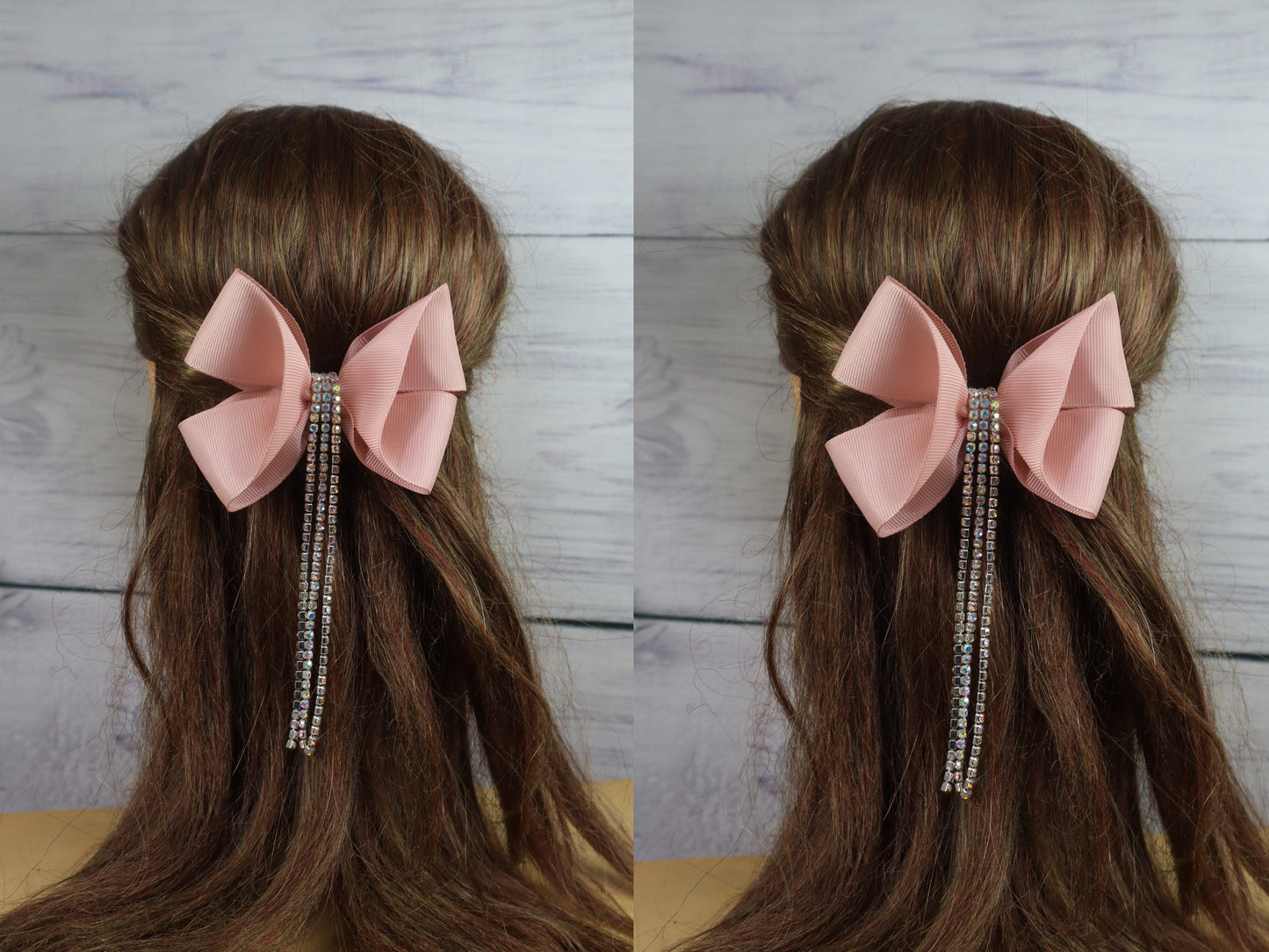 Stone Strings Embellished Detailed Bow Clip - Dusky pink