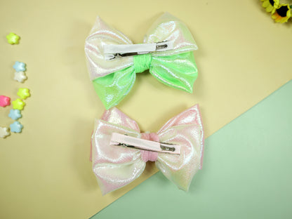 Kamule Shimmer Glittery Thick Fabric Bow set of 2-Neon Green and Pink