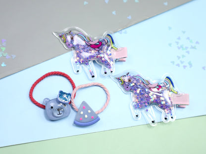 Kamule Unicorn and Mix Character Detailed Clip and Rubber Band Set of 4- Purple