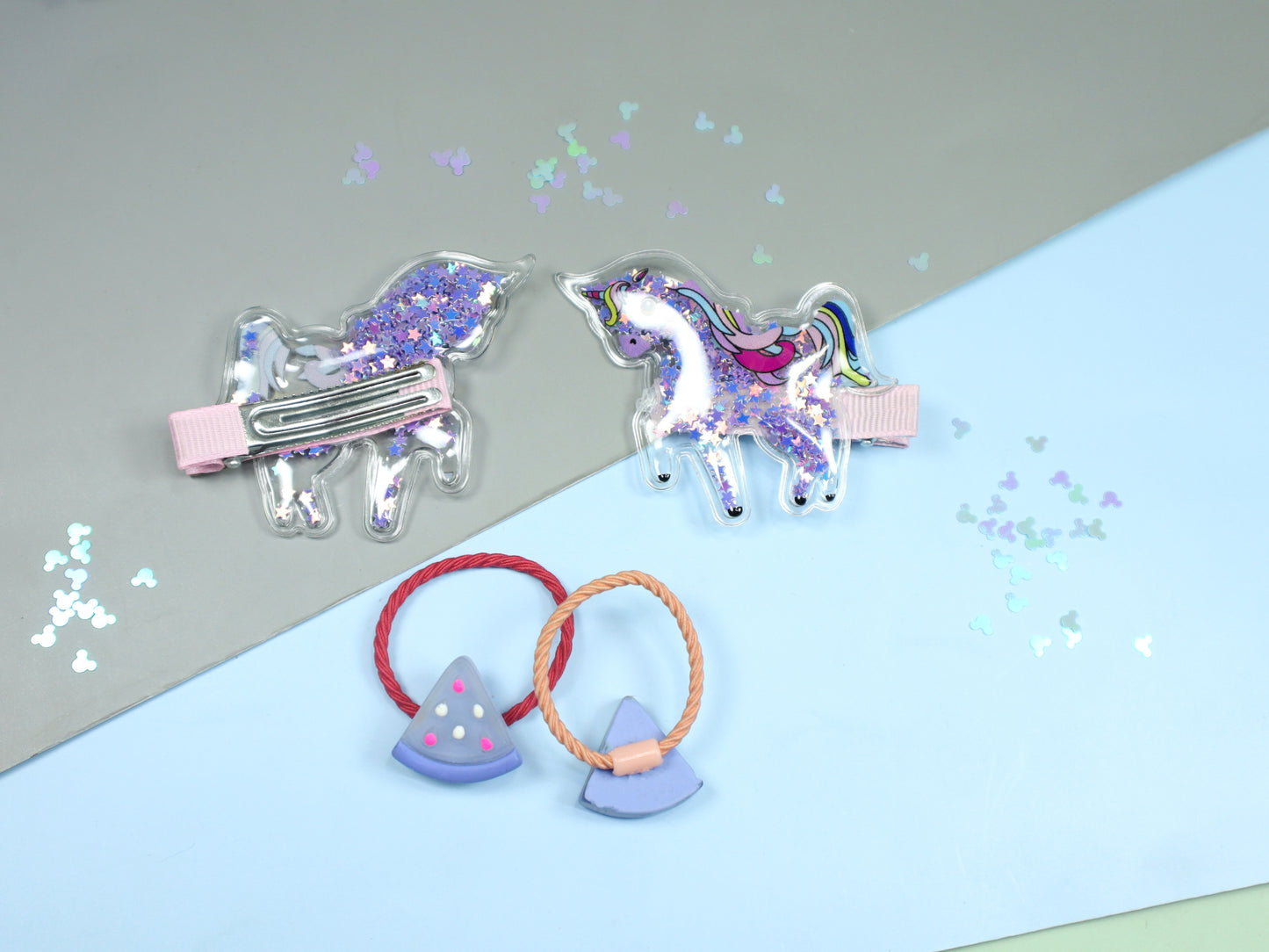 Kamule Unicorn and Watermelon Detailed Clip and Rubber band Set of 4- Purple