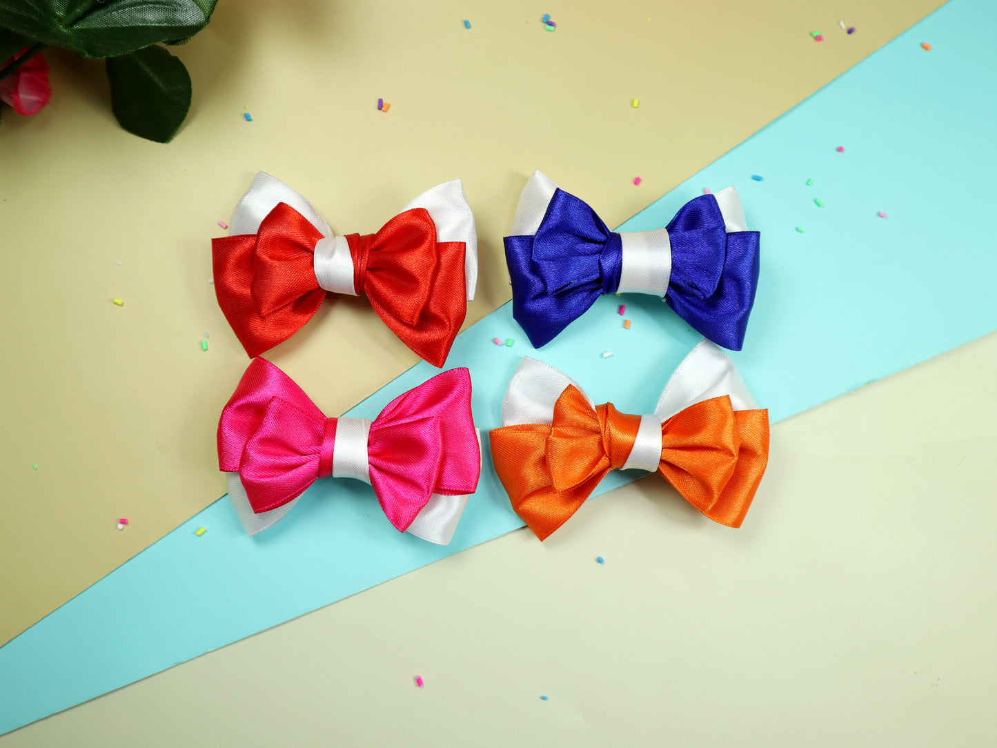 Kamule Multi Layered Satin Detailed Bows -Set of 4- Blue, Red , Orange , Dark Pink