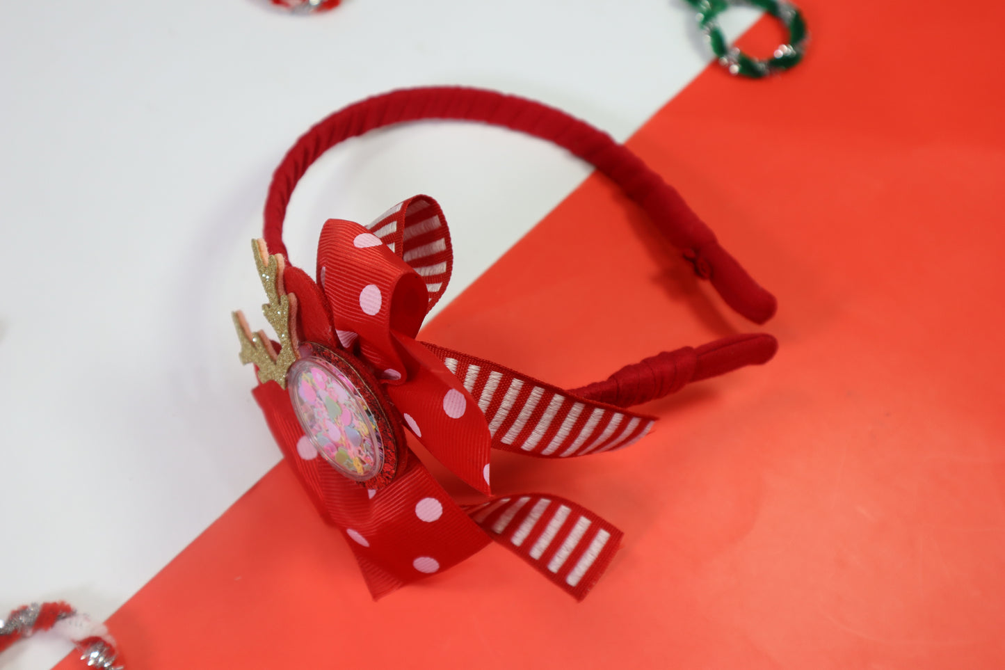 Kamule Christmas Theme Reindeer Sequin Bow Polka dots Hairband - Red