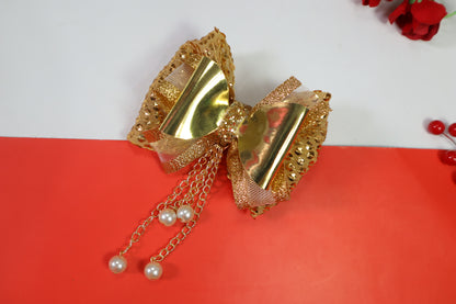 Kamule Christmas Theme Detailed Glittery Pearl attached Bow with Designer Pins Pack of 3 - Golden