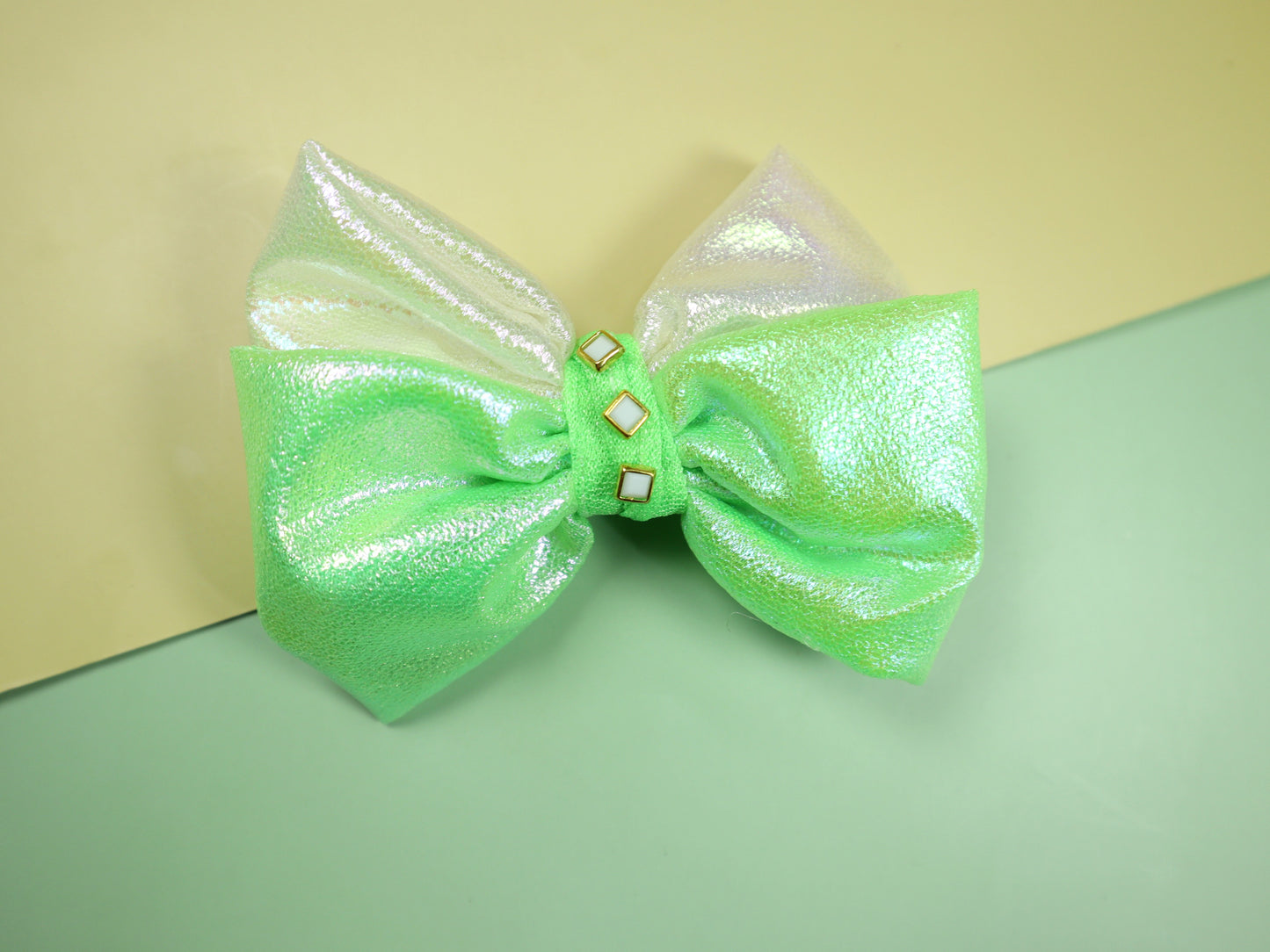 Kamule Shimmer Glittery Thick Fabric Bow set of 2-Neon Green and Pink