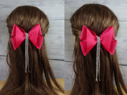 Stone Strings Embellished Detailed Bow Clip - Dark Pink