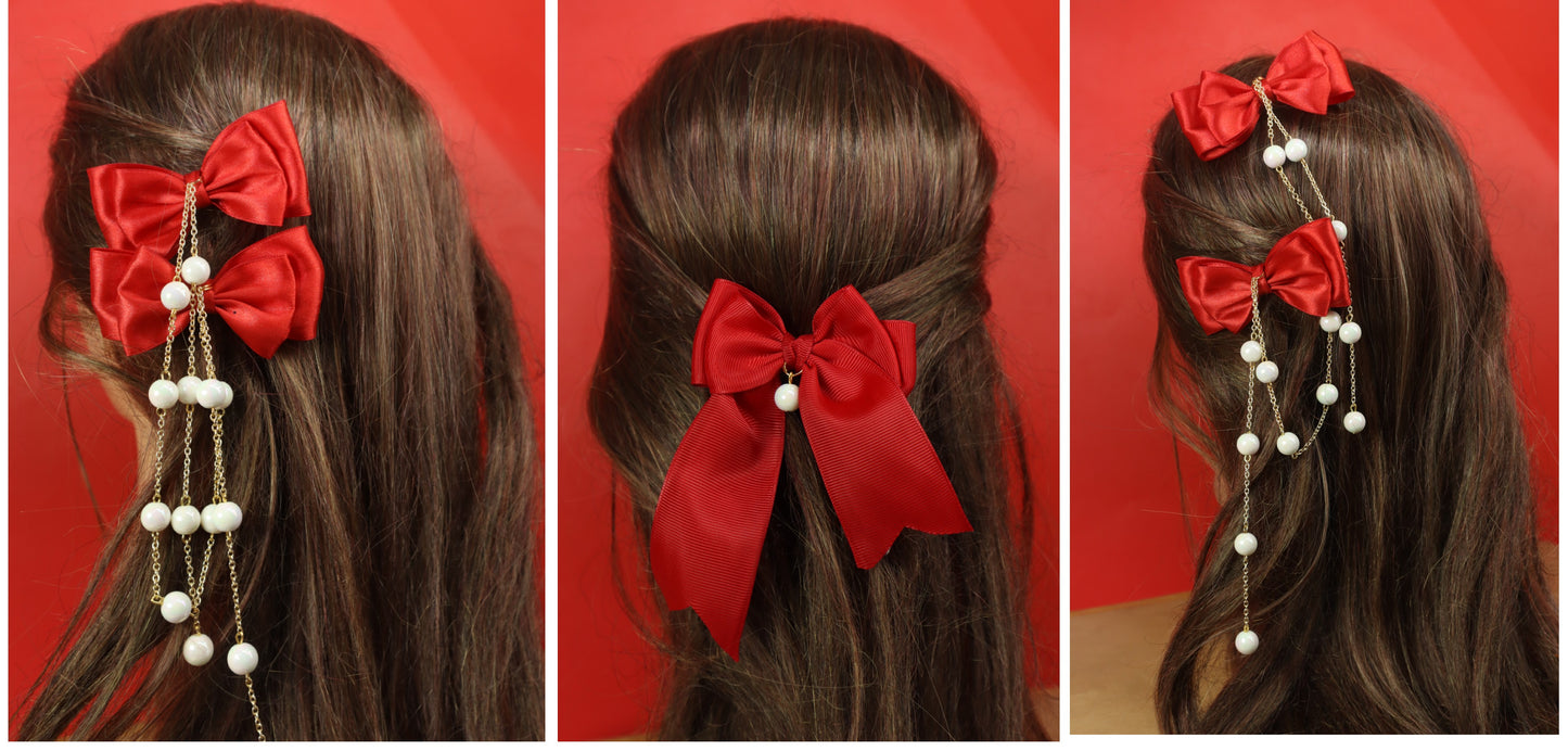 Kamule Christmas Theme Bow with Chain Tassel Hair Clips