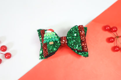 Kamule Christmas Theme Detailed Glittery Christmas tree Charm Detailed Bow with Designer pins Pack of 3-Green and Red