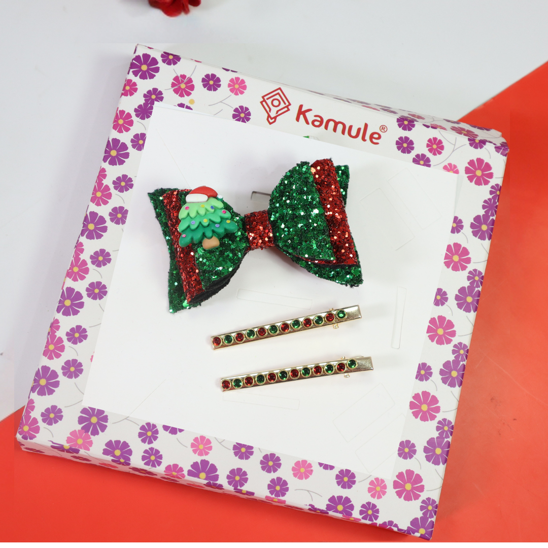 Kamule Christmas Theme Detailed Glittery Christmas tree Charm Detailed Bow with Designer pins Pack of 3-Green and Red