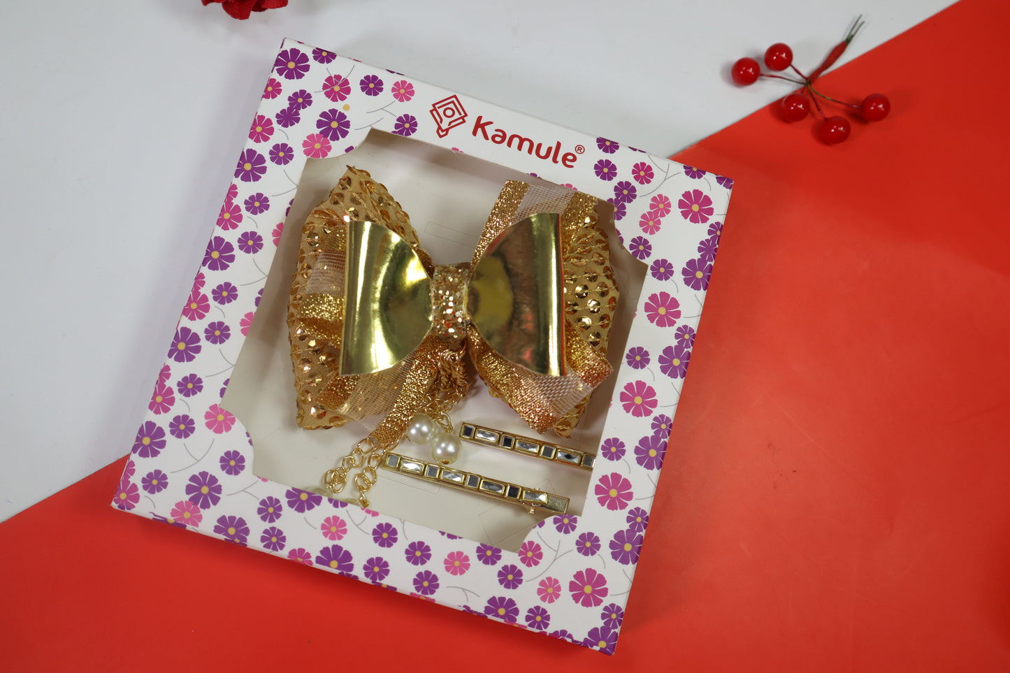 Kamule Christmas Theme Detailed Glittery Pearl attached Bow with Designer Pins Pack of 3 - Golden